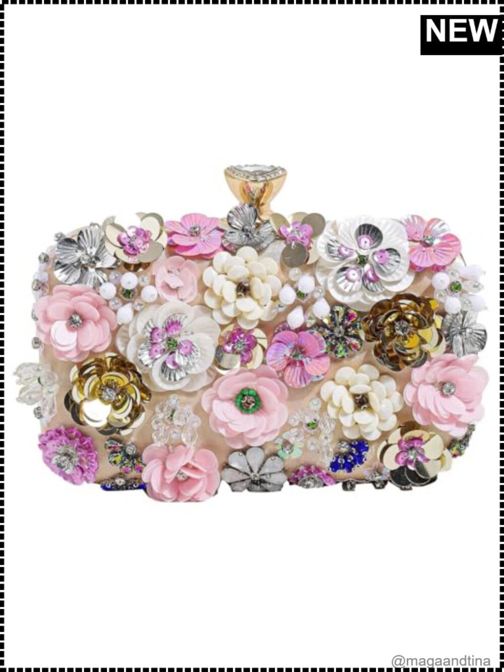 Satin Floral Beaded Evening Clutch with Gold Chain Strap